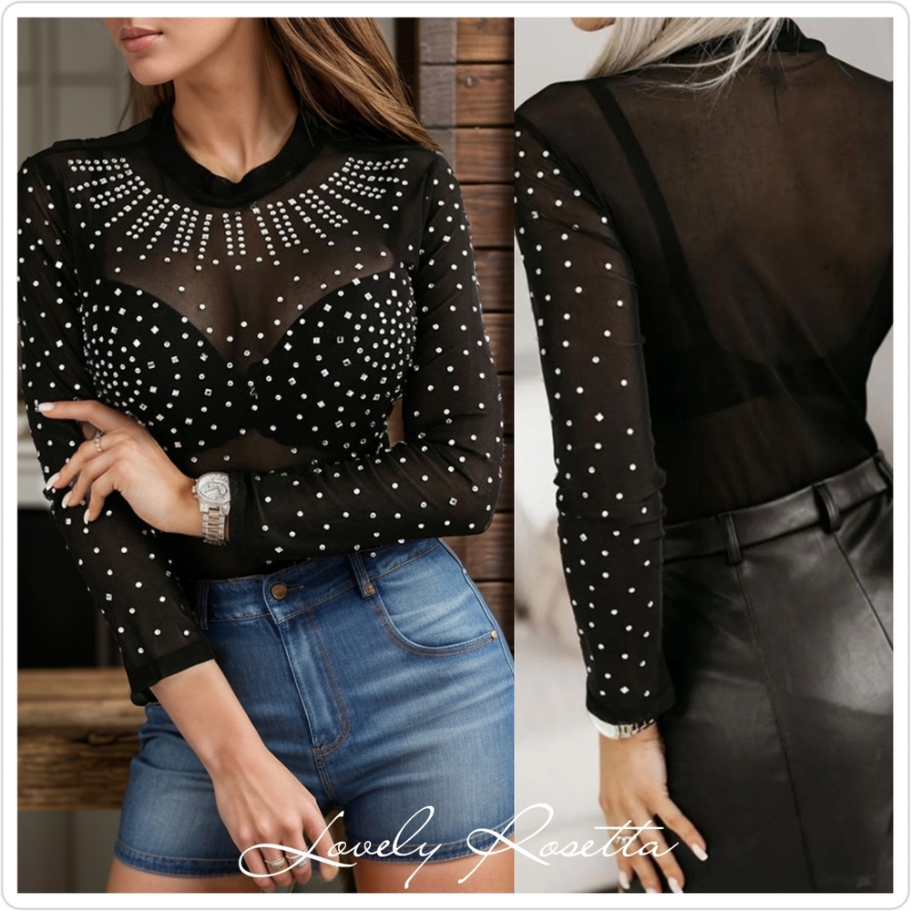 Dazzling Rhinestone Trim Mock Neck Bodysuit